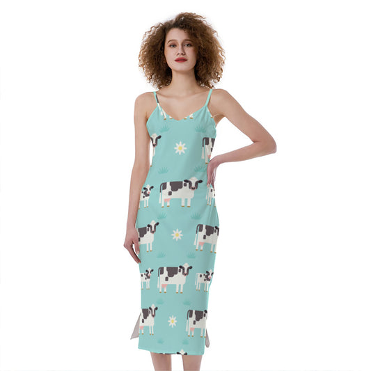 Cute Cow And Baby Cow Pattern Print Slim Fit Midi Cami Dress