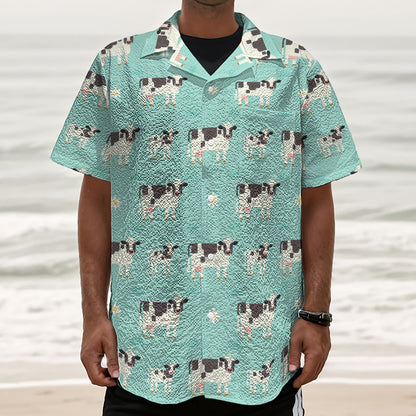Cute Cow And Baby Cow Pattern Print Textured Short Sleeve Shirt
