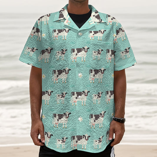 Cute Cow And Baby Cow Pattern Print Textured Short Sleeve Shirt