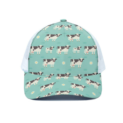 Cute Cow And Baby Cow Pattern Print White Mesh Trucker Cap