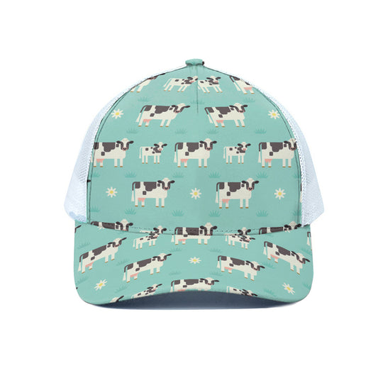Cute Cow And Baby Cow Pattern Print White Mesh Trucker Cap