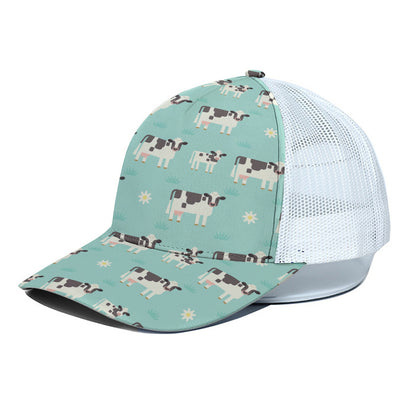 Cute Cow And Baby Cow Pattern Print White Mesh Trucker Cap