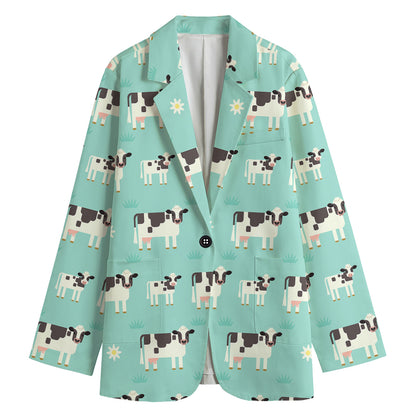 Cute Cow And Baby Cow Pattern Print Women's Cotton Blazer
