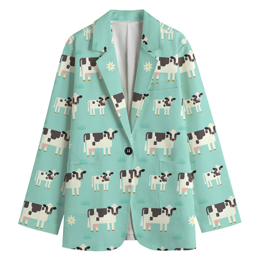 Cute Cow And Baby Cow Pattern Print Women's Cotton Blazer