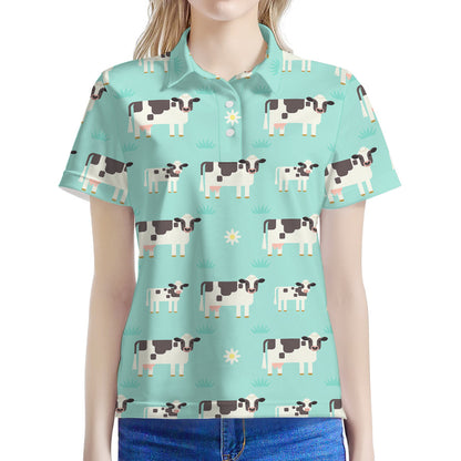 Cute Cow And Baby Cow Pattern Print Women's Polo Shirt