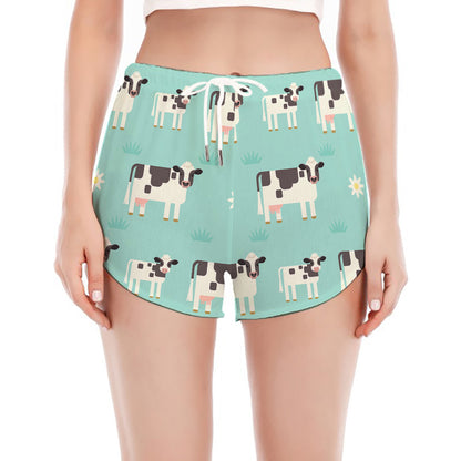Cute Cow And Baby Cow Pattern Print Women's Split Running Shorts