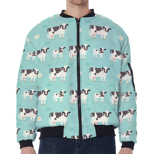 Cute Cow And Baby Cow Pattern Print Zip Sleeve Bomber Jacket