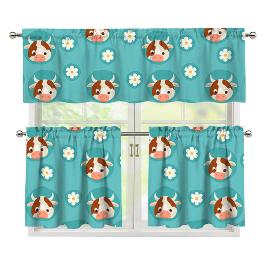 Cute Cow And Daisy Flower Pattern Print 3 Piece Kitchen Curtains