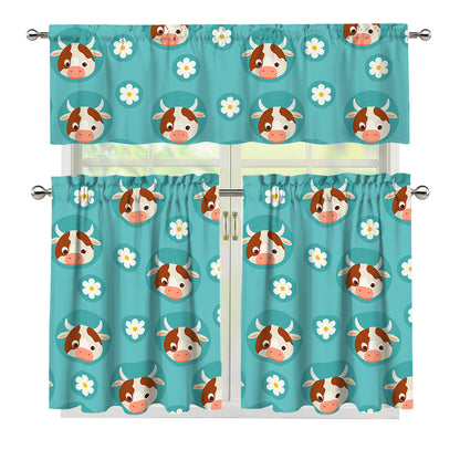 Cute Cow And Daisy Flower Pattern Print 3 Piece Kitchen Curtains