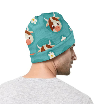 Cute Cow And Daisy Flower Pattern Print Beanie