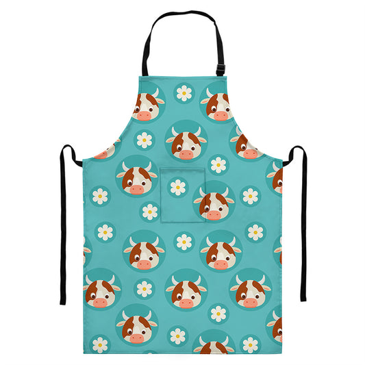 Cute Cow And Daisy Flower Pattern Print Bib Apron With Pocket