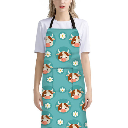 Cute Cow And Daisy Flower Pattern Print Bib Apron With Pocket
