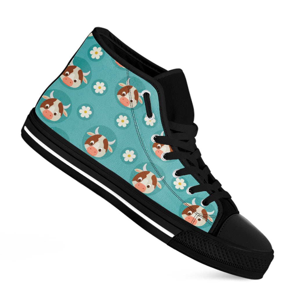 Cute Cow And Daisy Flower Pattern Print Black High Top Sneakers