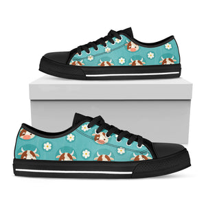 Cute Cow And Daisy Flower Pattern Print Black Low Top Sneakers