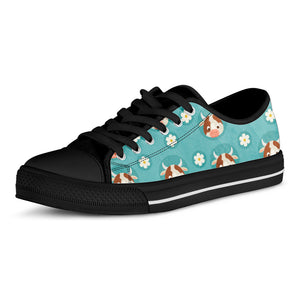 Cute Cow And Daisy Flower Pattern Print Black Low Top Sneakers