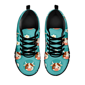 Cute Cow And Daisy Flower Pattern Print Black Running Shoes