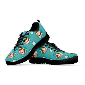 Cute Cow And Daisy Flower Pattern Print Black Running Shoes