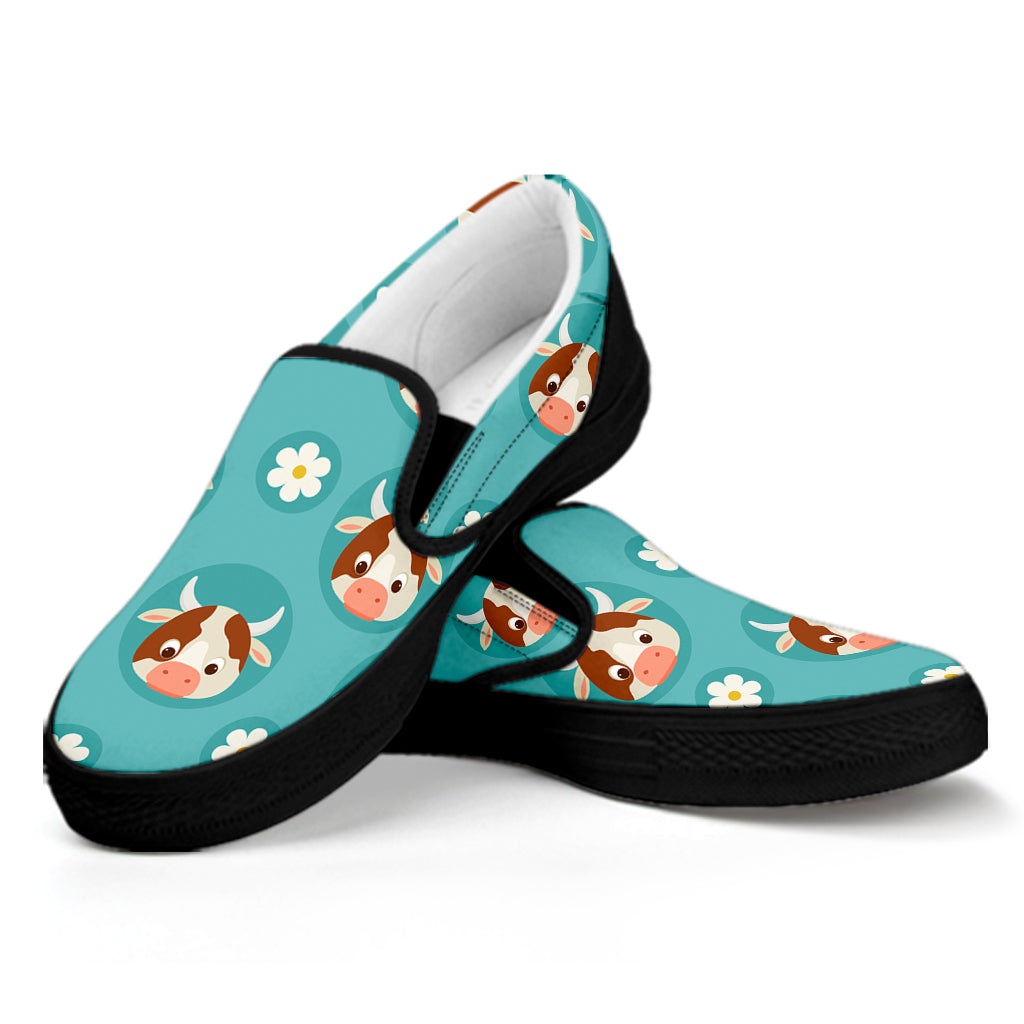 Cute Cow And Daisy Flower Pattern Print Black Slip On Sneakers