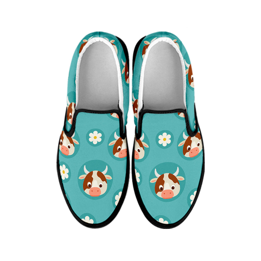 Cute Cow And Daisy Flower Pattern Print Black Slip On Sneakers