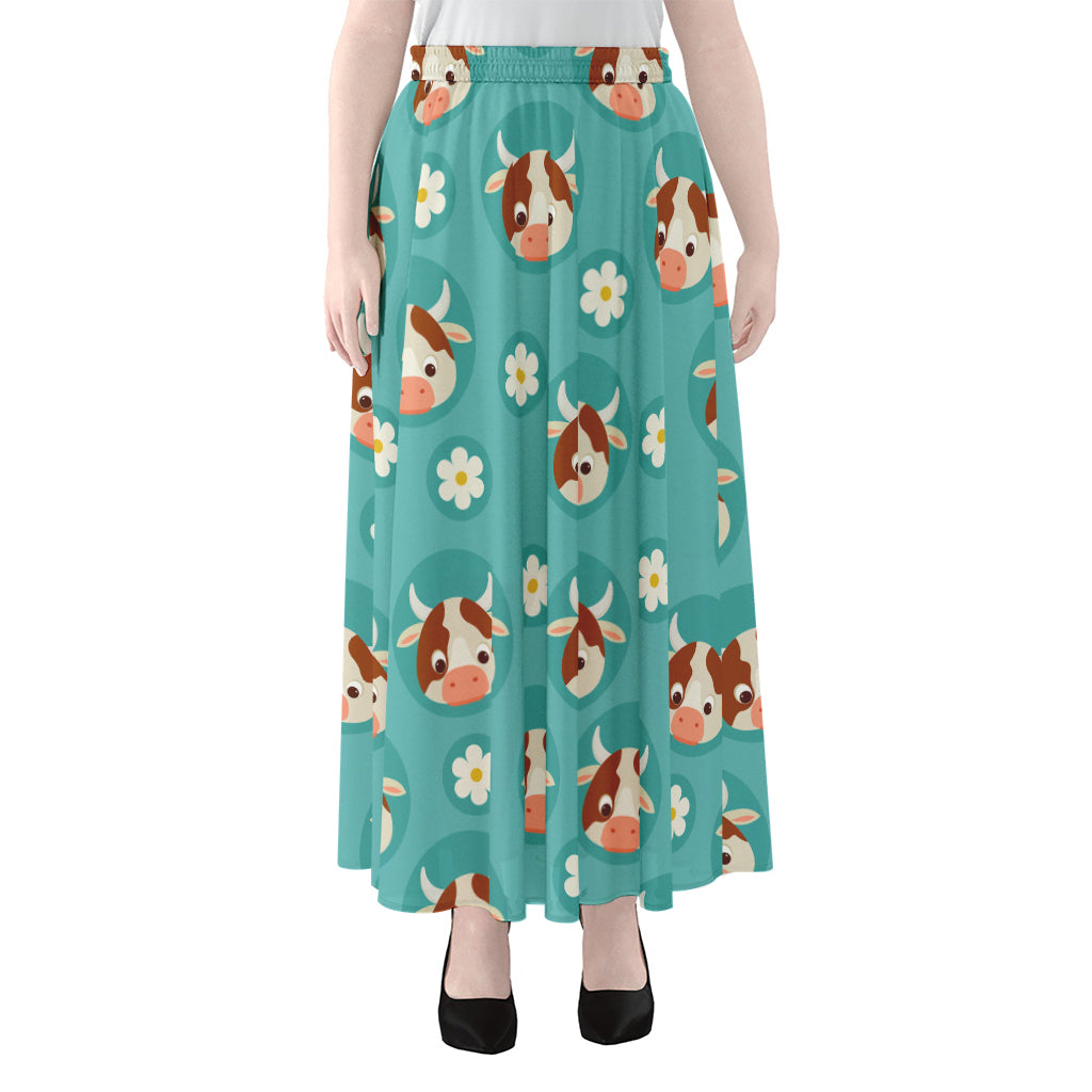 Cute Cow And Daisy Flower Pattern Print Chiffon Maxi Skirt