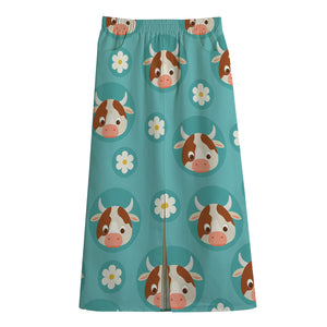 Cute Cow And Daisy Flower Pattern Print Cotton Front Slit Maxi Skirt