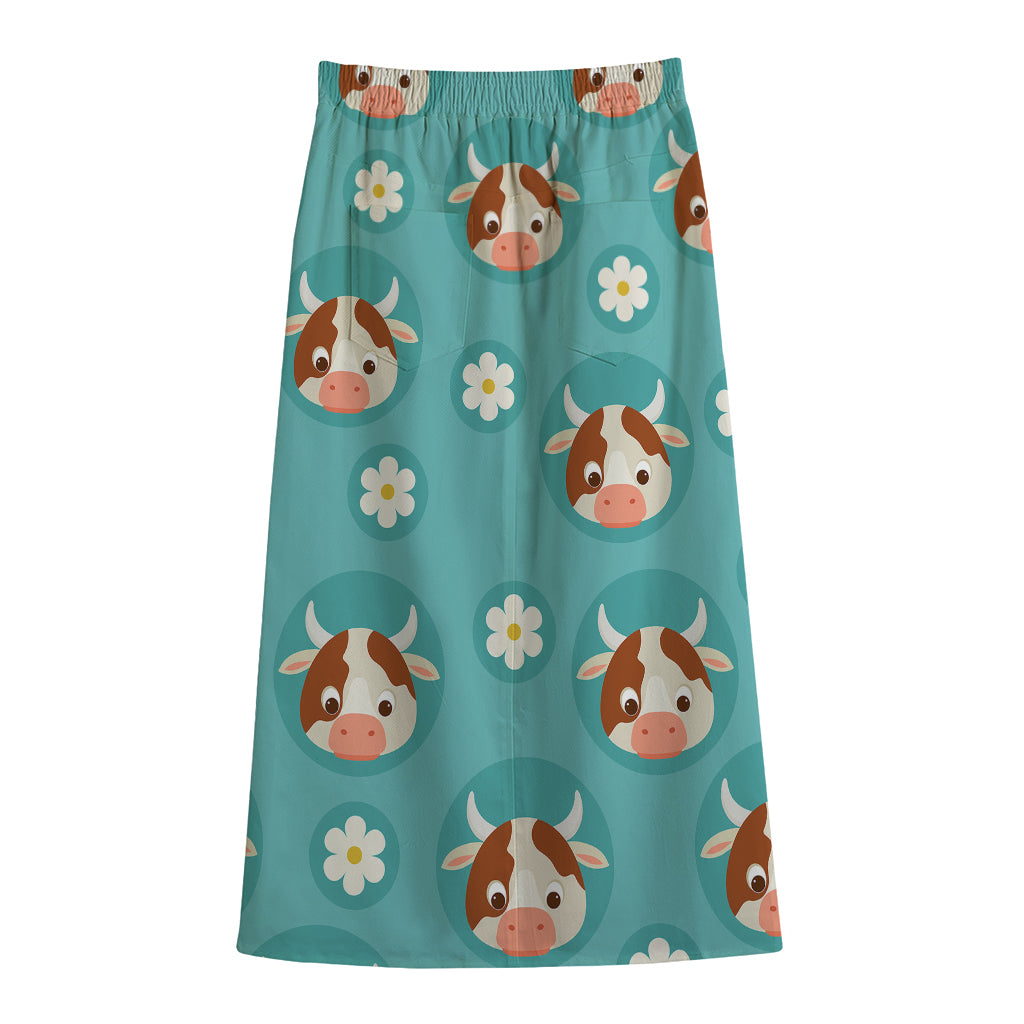 Cute Cow And Daisy Flower Pattern Print Cotton Front Slit Maxi Skirt