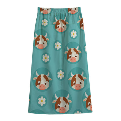 Cute Cow And Daisy Flower Pattern Print Cotton Front Slit Maxi Skirt