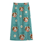 Cute Cow And Daisy Flower Pattern Print Cotton Front Slit Maxi Skirt