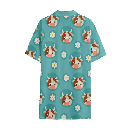 Cute Cow And Daisy Flower Pattern Print Cotton Hawaiian Shirt