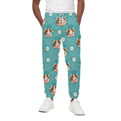 Cute Cow And Daisy Flower Pattern Print Cotton Pants