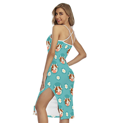 Cute Cow And Daisy Flower Pattern Print Cross Back Cami Dress