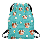 Cute Cow And Daisy Flower Pattern Print Drawstring Backpack
