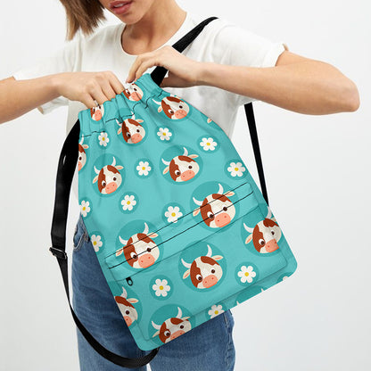 Cute Cow And Daisy Flower Pattern Print Drawstring Backpack