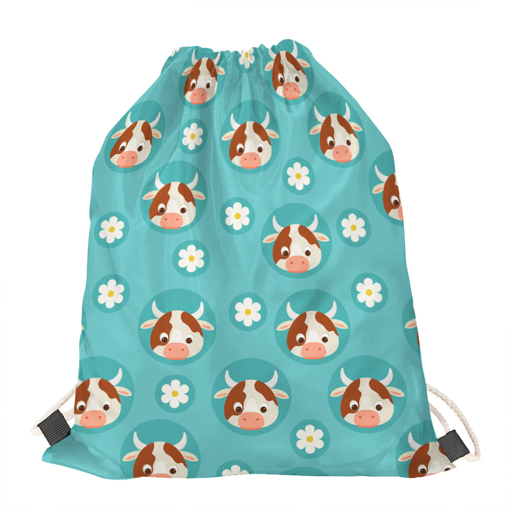 Cute Cow And Daisy Flower Pattern Print Drawstring Bag