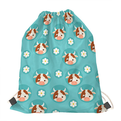Cute Cow And Daisy Flower Pattern Print Drawstring Bag