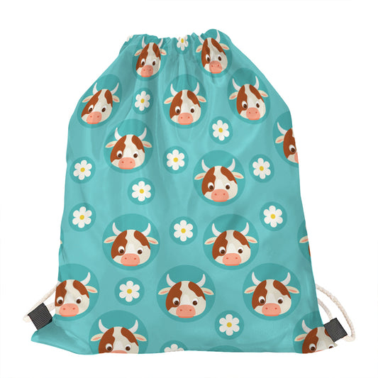 Cute Cow And Daisy Flower Pattern Print Drawstring Bag