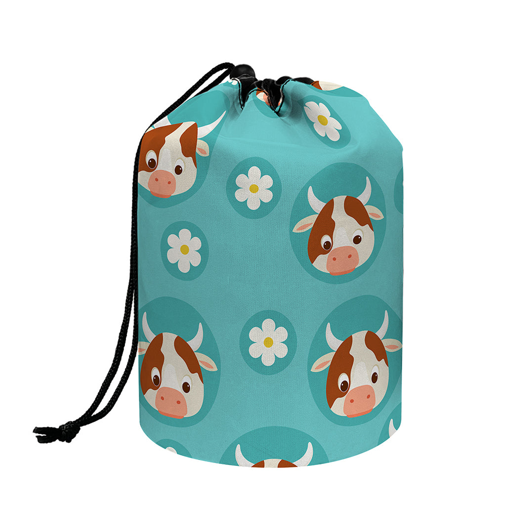 Cute Cow And Daisy Flower Pattern Print Drawstring Makeup Bag