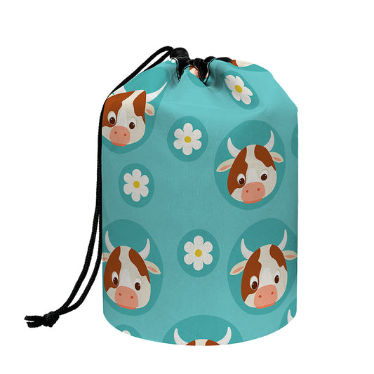 Cute Cow And Daisy Flower Pattern Print Drawstring Makeup Bag