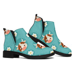 Cute Cow And Daisy Flower Pattern Print Flat Ankle Boots
