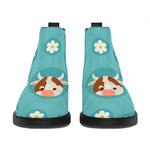 Cute Cow And Daisy Flower Pattern Print Flat Ankle Boots