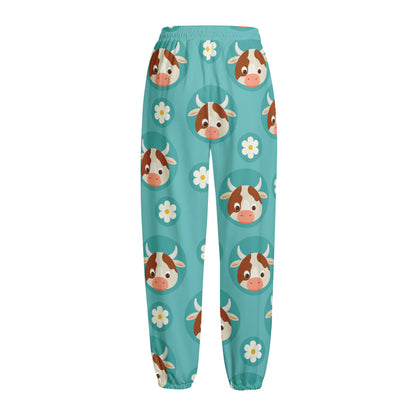 Cute Cow And Daisy Flower Pattern Print Fleece Lined Knit Pants