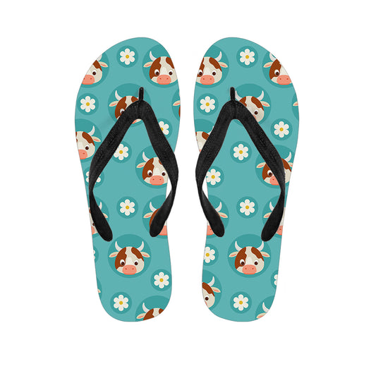 Cute Cow And Daisy Flower Pattern Print Flip Flops