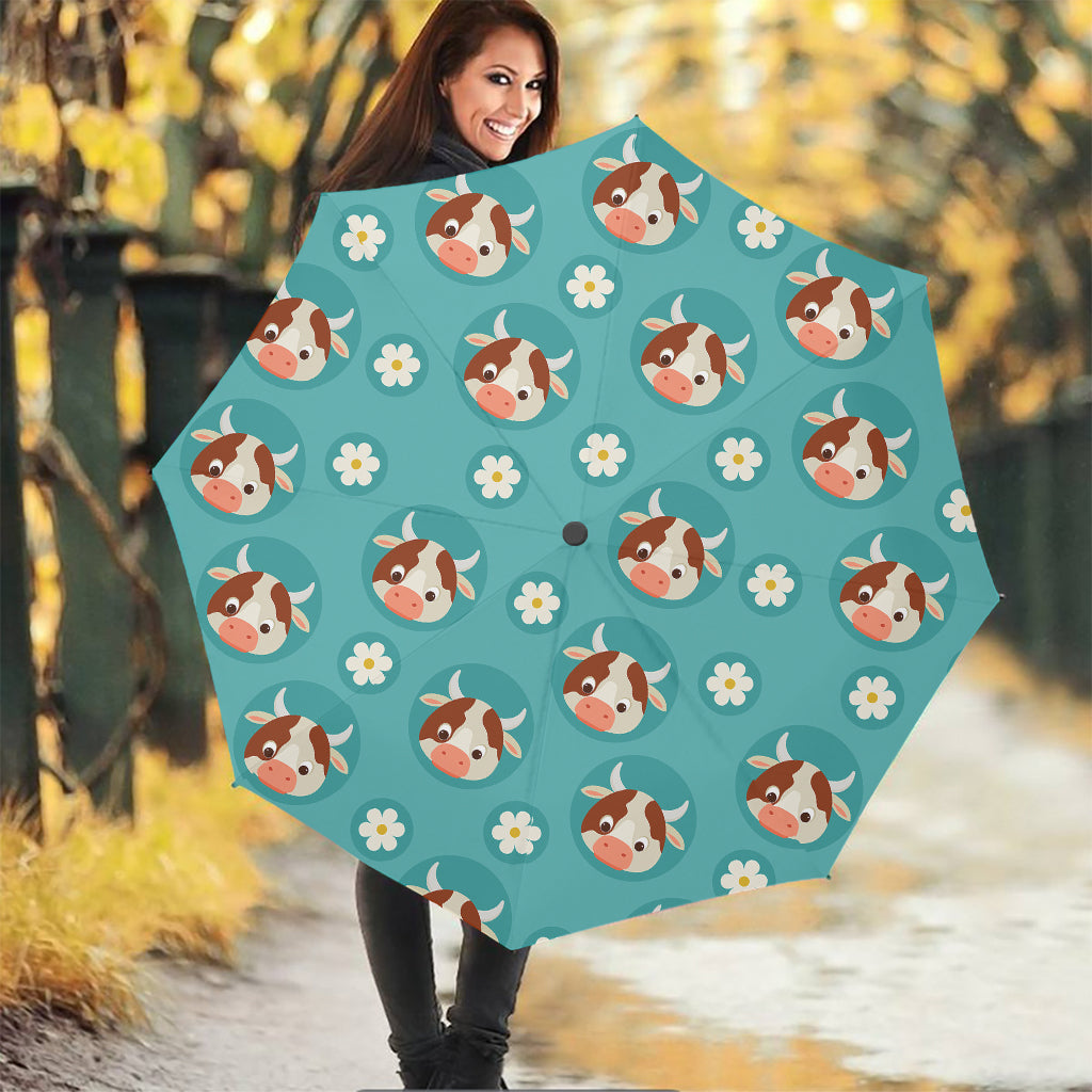 Cute Cow And Daisy Flower Pattern Print Foldable Umbrella
