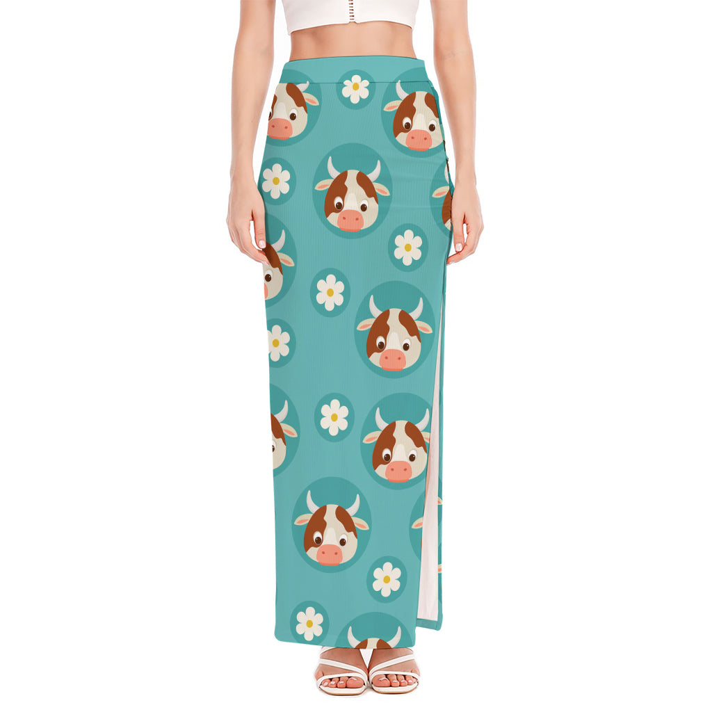 Cute Cow And Daisy Flower Pattern Print High Slit Maxi Skirt