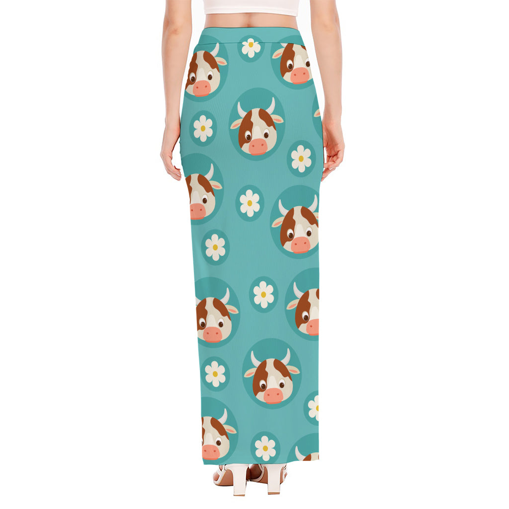 Cute Cow And Daisy Flower Pattern Print High Slit Maxi Skirt