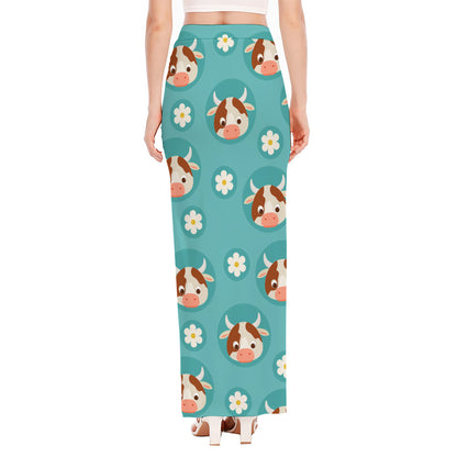 Cute Cow And Daisy Flower Pattern Print High Slit Maxi Skirt