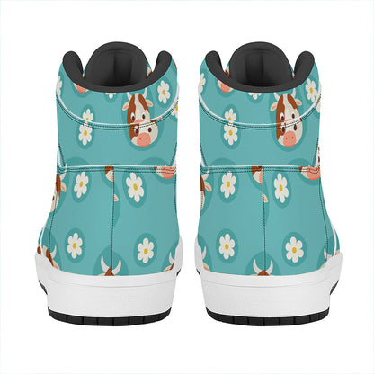 Cute Cow And Daisy Flower Pattern Print High Top Leather Sneakers