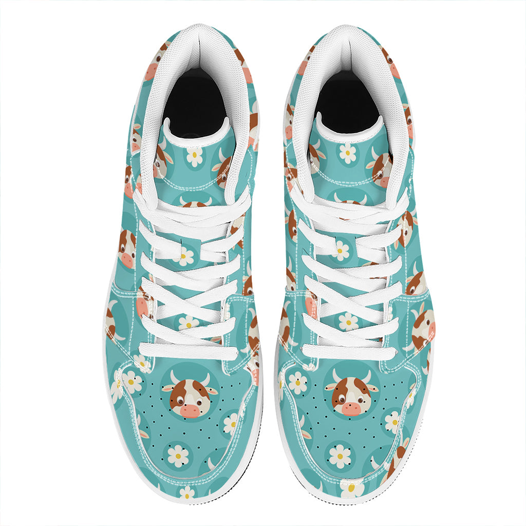 Cute Cow And Daisy Flower Pattern Print High Top Leather Sneakers