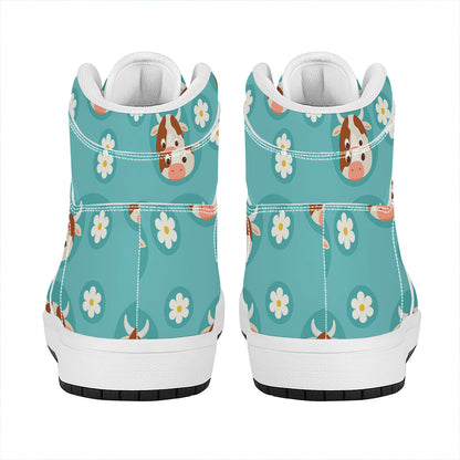 Cute Cow And Daisy Flower Pattern Print High Top Leather Sneakers