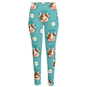 Cute Cow And Daisy Flower Pattern Print High-Waisted Pocket Leggings